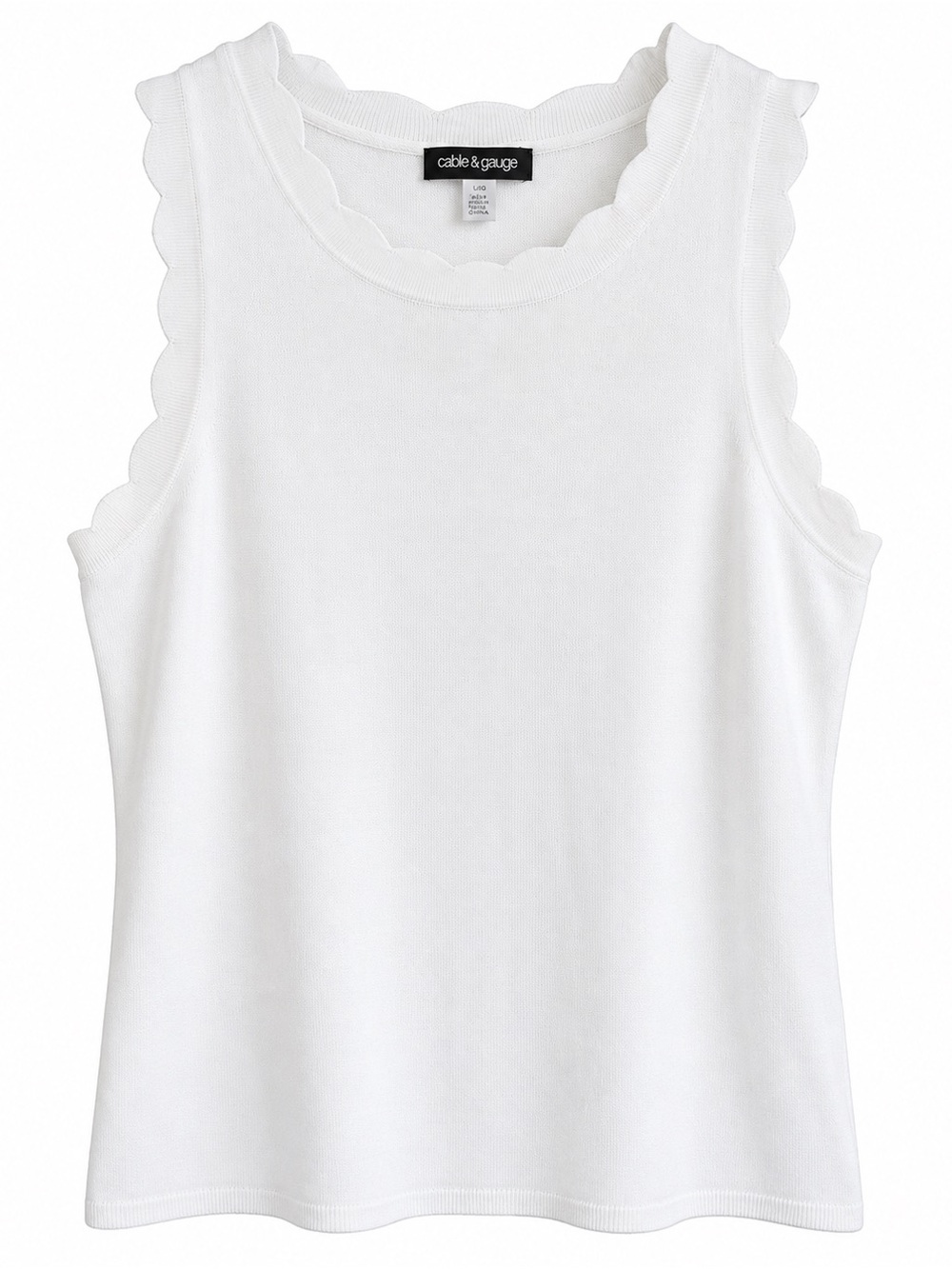 Cable & Gauge White Knit Sleeveless Top Scallop Ruffle Trim Size L